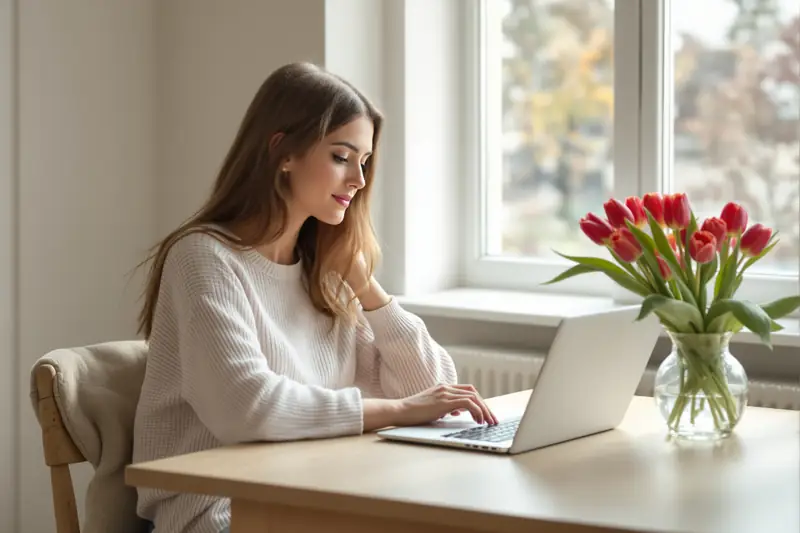 Junge Frau sucht am Küchentisch am Laptop