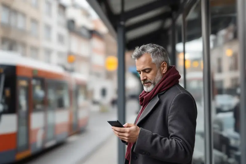 Mann schaut an einer Haltestelle auf sein Telefon